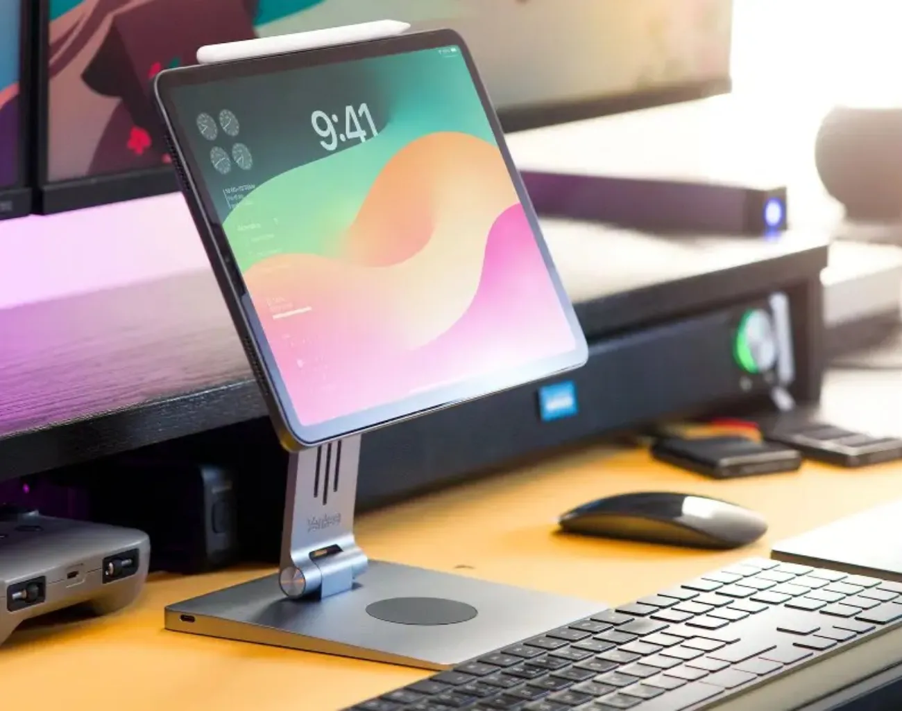 Tablet umisteny na stole na stojanu pro tablet.