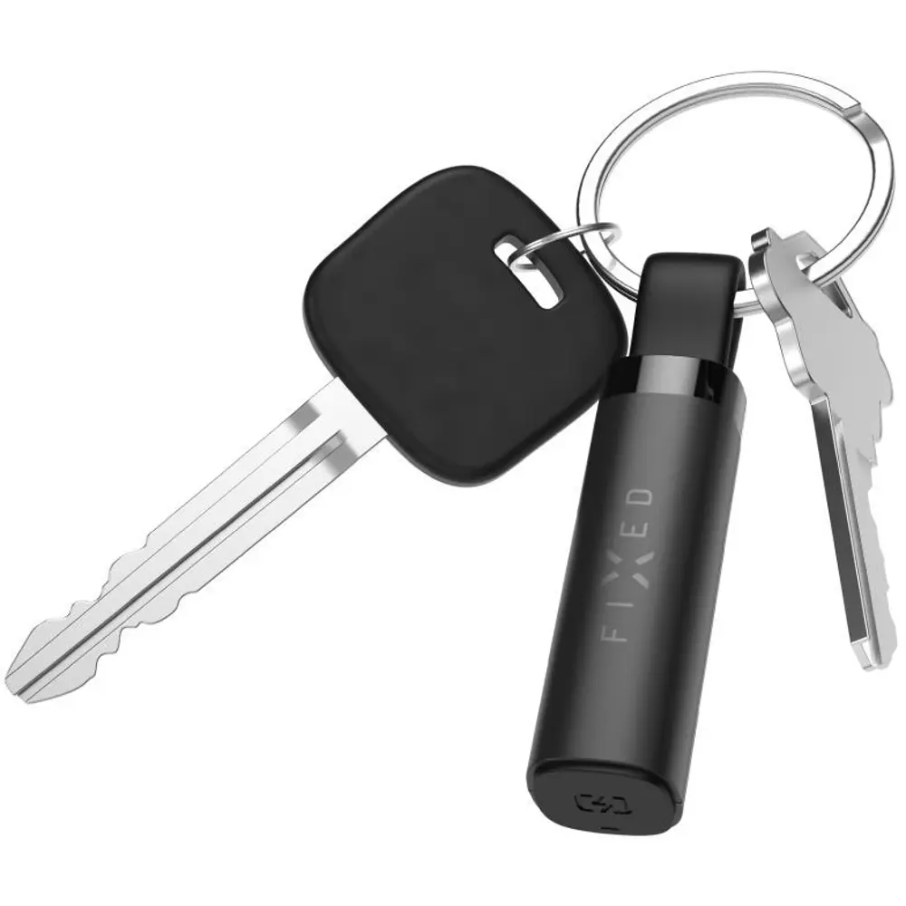 Bluetooth lokátor Fixed Tracker Tag Stick černý pověšený na klíčích.