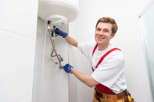 šťastný instalatér u bojleru