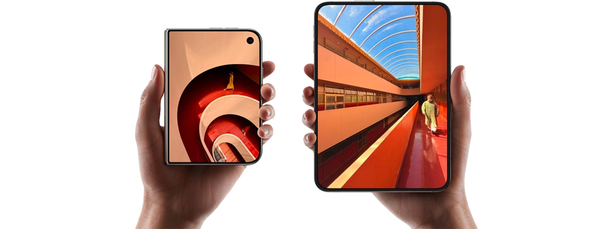 Složený a rozevřený Apple iPhone Duo s vnějším a vnitřním displejem