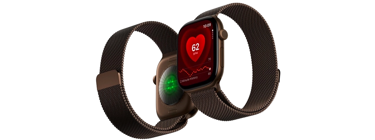 Apple Watch Series 12 s aplikací Srdeční tep a pohledem na zadní snímače