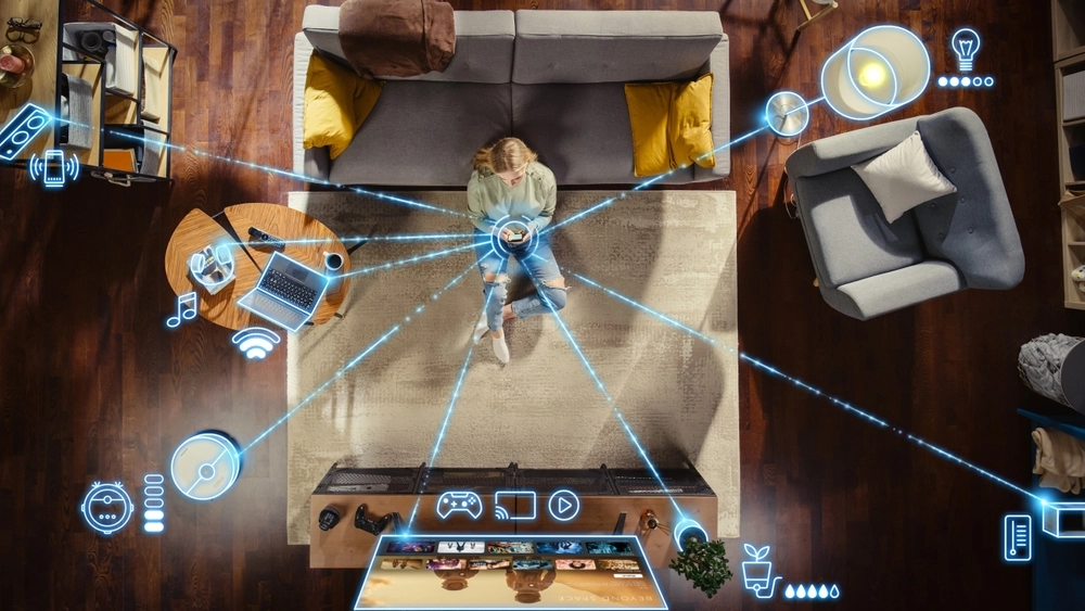 cover photo smart home woman sitting with a phone connected to everything