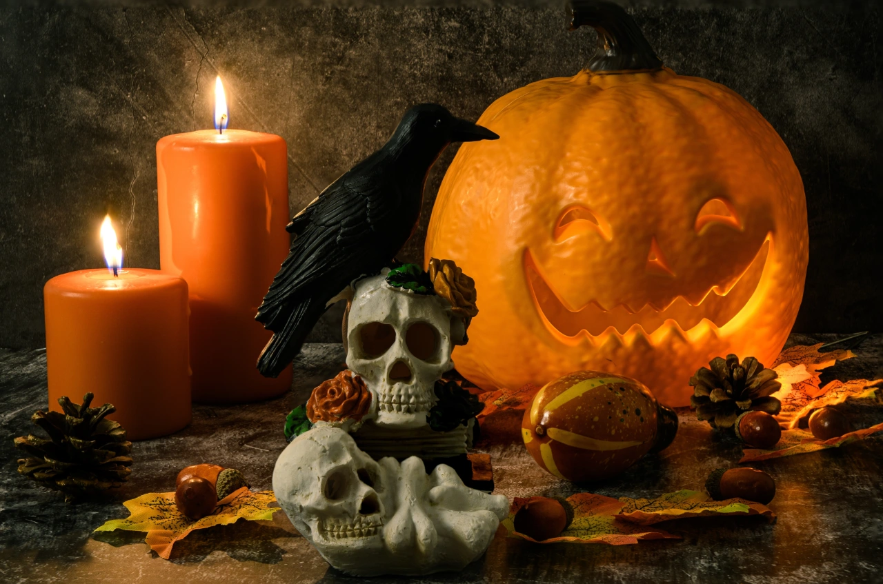 halloweenské zátiší s havranem, lebkou a dýní